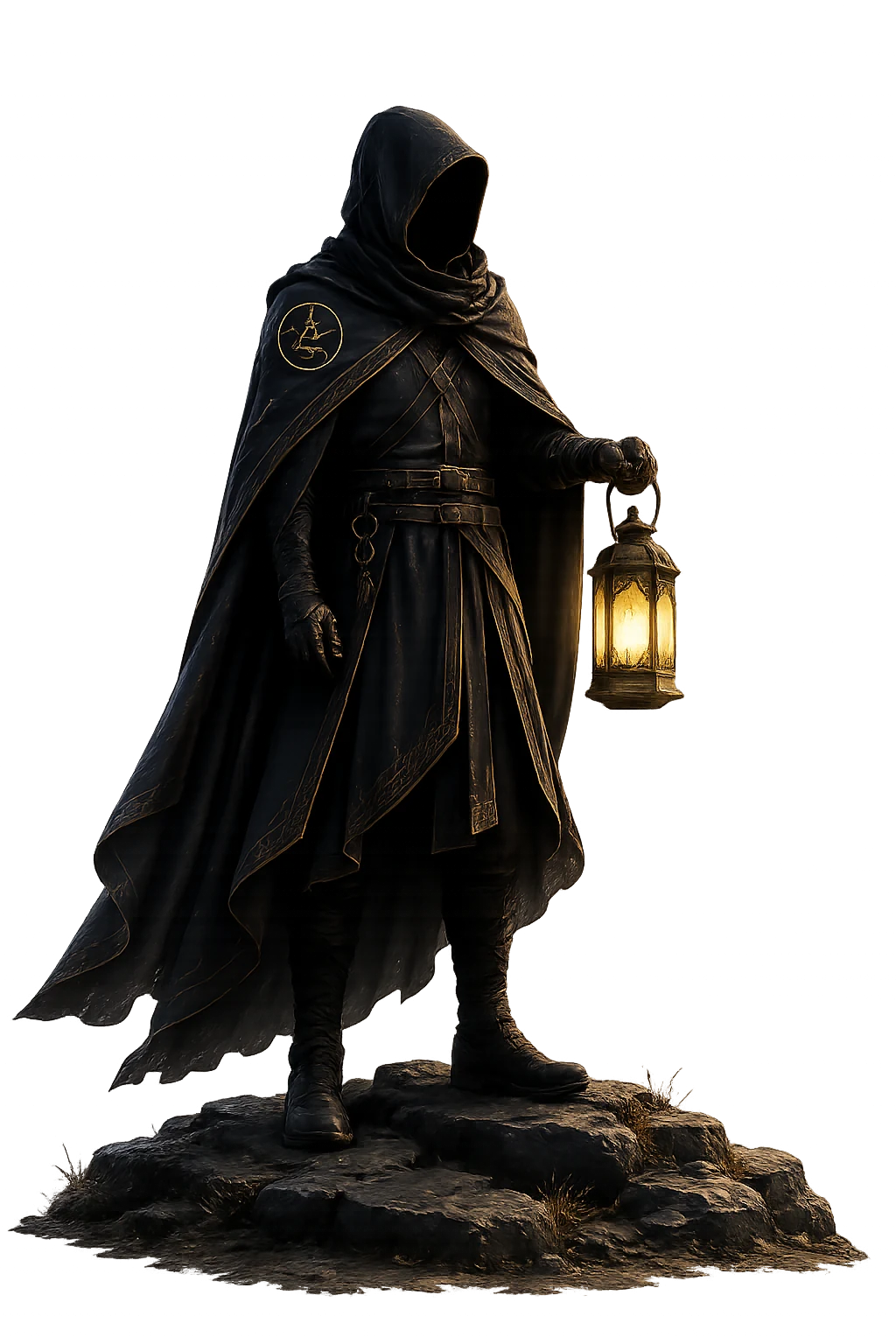 The companion stands quietly, holding a lit lantern