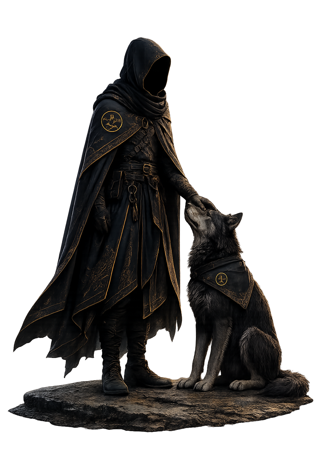 A hooded companion sits quietly by a campfire with a wolf beside him