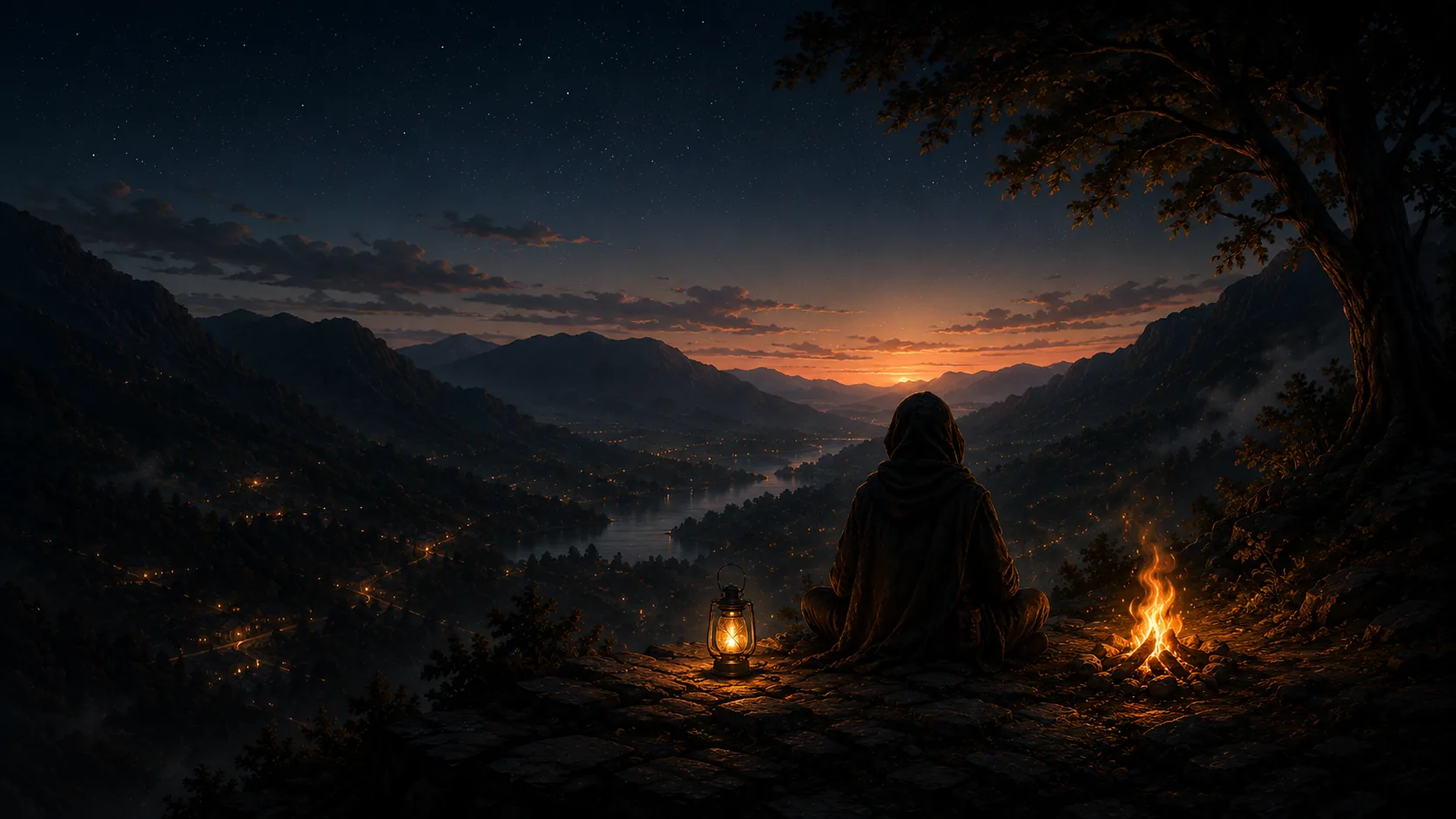 A hooded figure sits by a lantern and campfire on a cliff, overlooking a misty valley at night